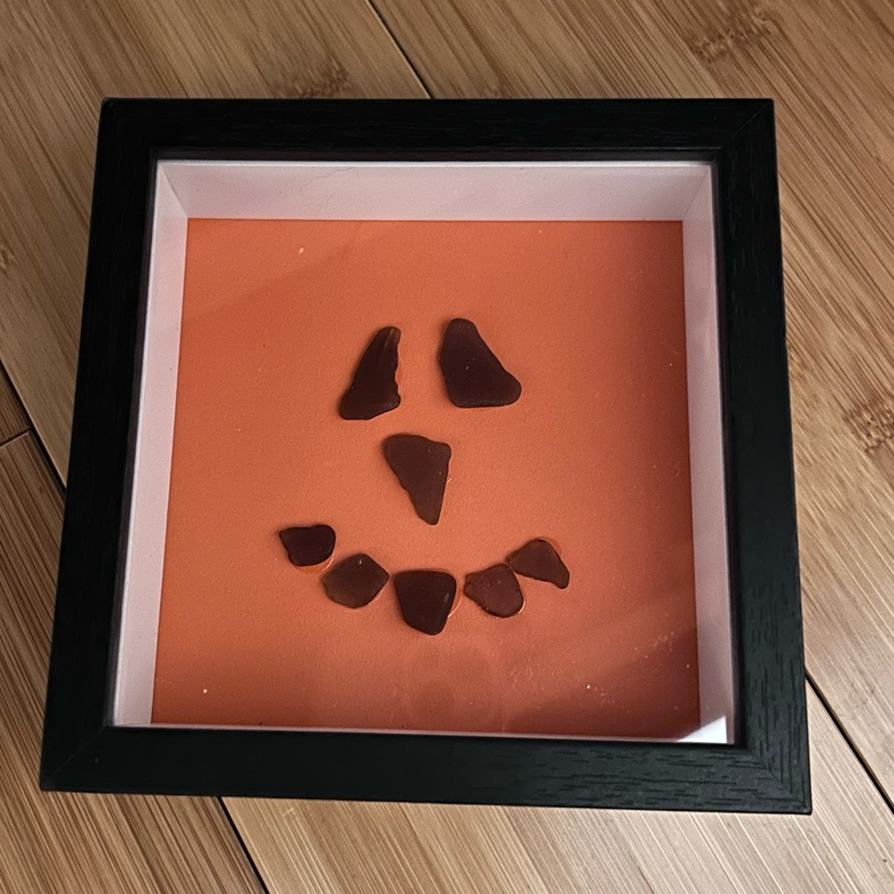 Framed Orange Sea Glass Jack-o'-Lantern Wall Art
